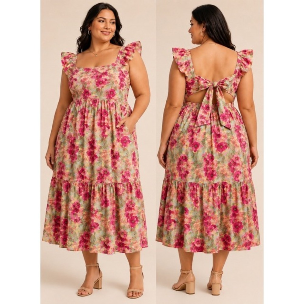 Peyton & Parker Floral Ruffle Maxi Dress Pink Yellow Green Cotton XL